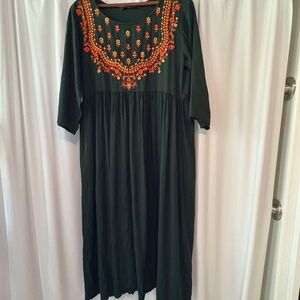 Gulmohar Jauur Green Embroidered Indian Kurta Dress 3/4 Sleeve - XXL